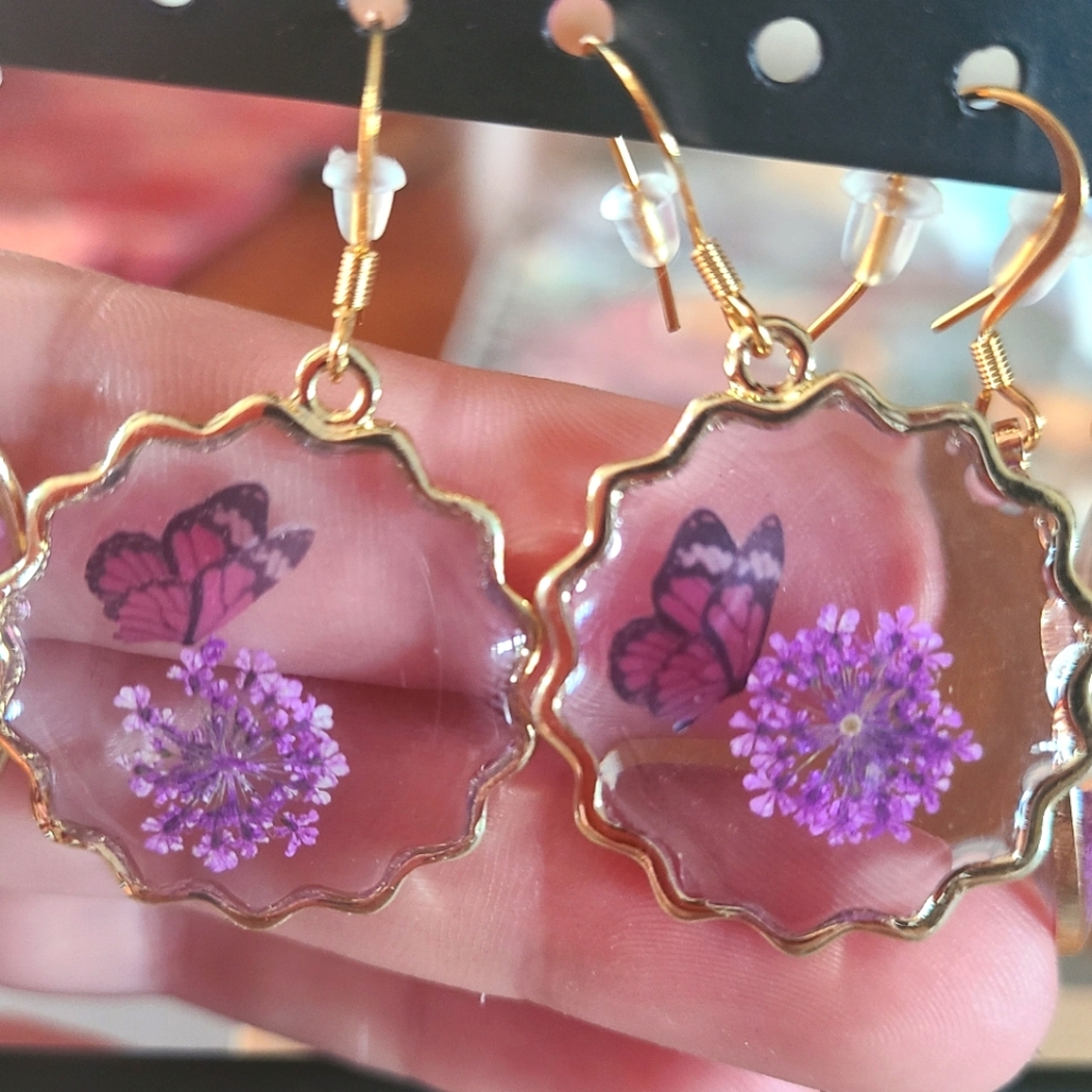 Purple Pressed Flower Butterfly Earrings.